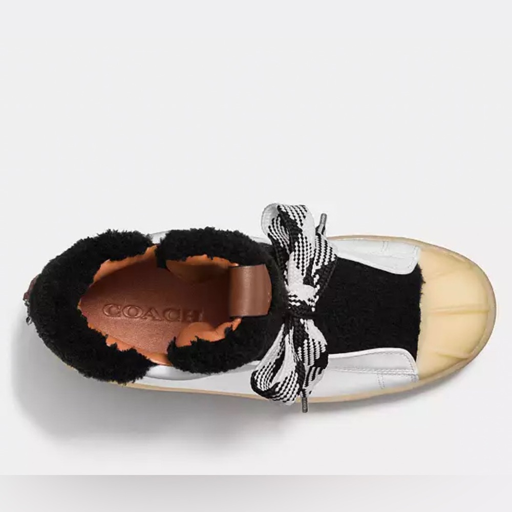 Coach Colorblock High-Top Platform Sneaker with Fur
White/black